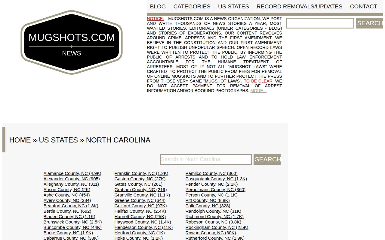 North Carolina unofficial mugshot directory source
